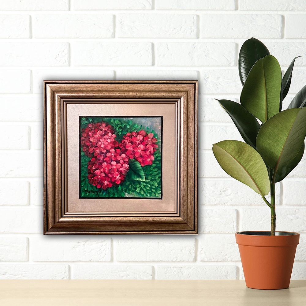 Pink Hydrangea, 12x12” canvas signed by the artist framed Original oil painting